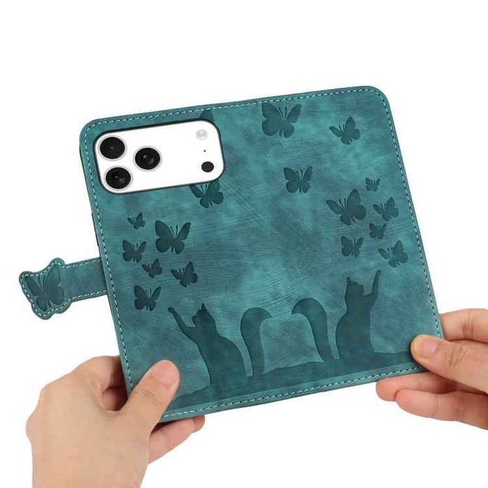 For iPhone 17 Pro Max Butterfly Cat Embossing Flip Leather Phone Case(Wathet)
