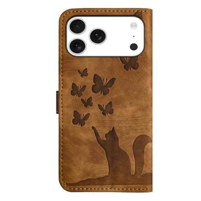 For iPhone 17 Pro Max Butterfly Cat Embossing Flip Leather Phone Case(Brown)