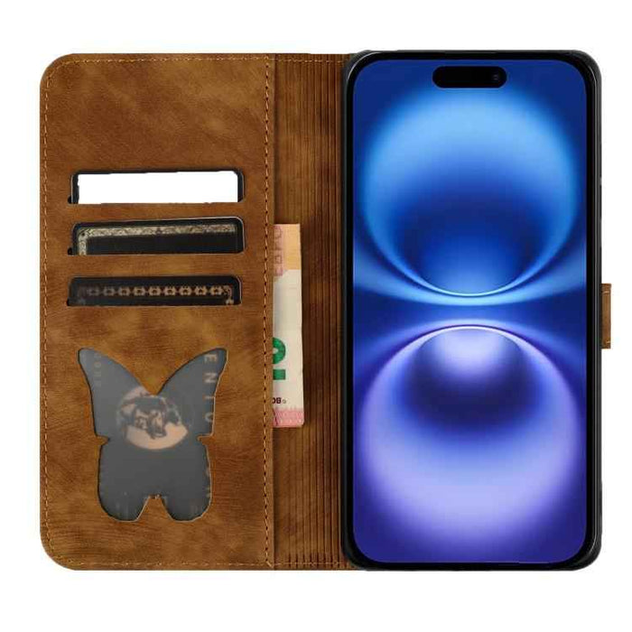 For iPhone 17 Pro Max Butterfly Cat Embossing Flip Leather Phone Case(Brown)