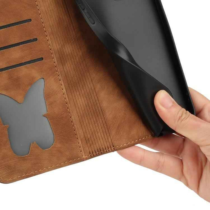 For iPhone 17 Pro Max Butterfly Cat Embossing Flip Leather Phone Case(Brown)