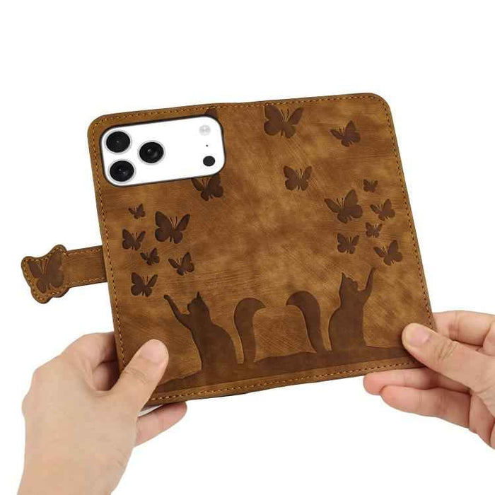 For iPhone 17 Pro Max Butterfly Cat Embossing Flip Leather Phone Case(Brown)
