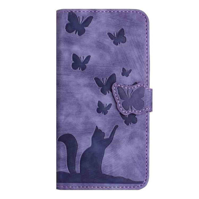 For iPhone 17 Butterfly Cat Embossing Flip Leather Phone Case(Purple)