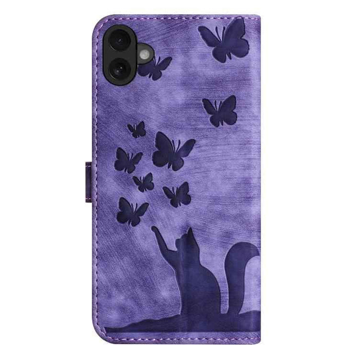 For iPhone 17 Butterfly Cat Embossing Flip Leather Phone Case(Purple)