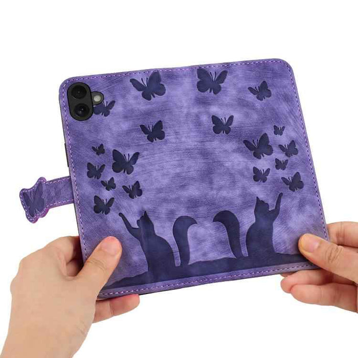For iPhone 17 Butterfly Cat Embossing Flip Leather Phone Case(Purple)