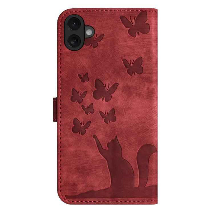 For iPhone 17 Butterfly Cat Embossing Flip Leather Phone Case(Red)