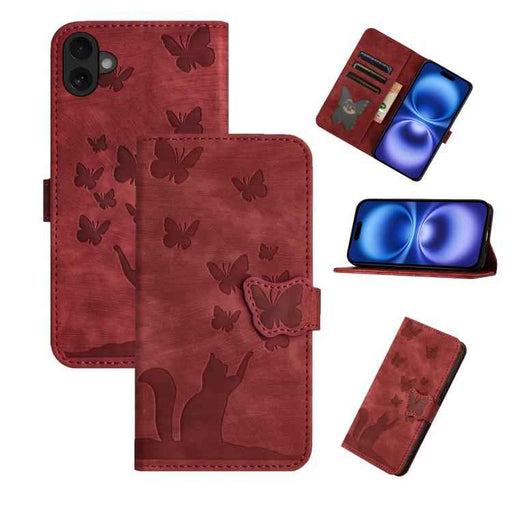 For iPhone 17 Butterfly Cat Embossing Flip Leather Phone Case(Red)