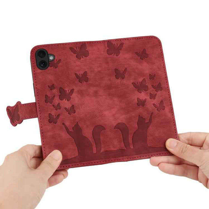 For iPhone 17 Butterfly Cat Embossing Flip Leather Phone Case(Red)