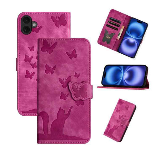 For iPhone 17 Butterfly Cat Embossing Flip Leather Phone Case(Pink)