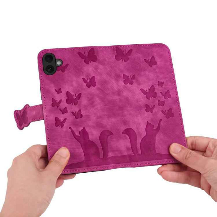 For iPhone 17 Butterfly Cat Embossing Flip Leather Phone Case(Pink)