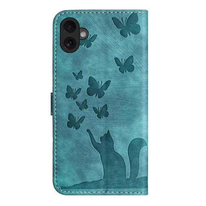 For iPhone 17 Butterfly Cat Embossing Flip Leather Phone Case(Wathet)
