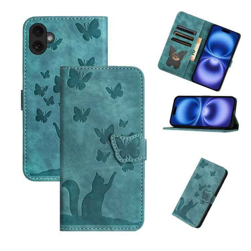 For iPhone 17 Butterfly Cat Embossing Flip Leather Phone Case(Wathet)