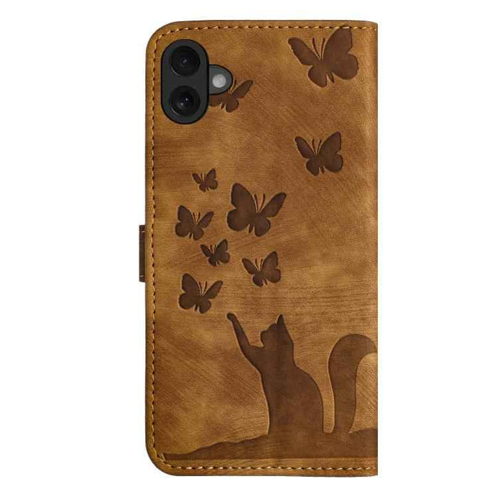 For iPhone 17 Butterfly Cat Embossing Flip Leather Phone Case(Brown)