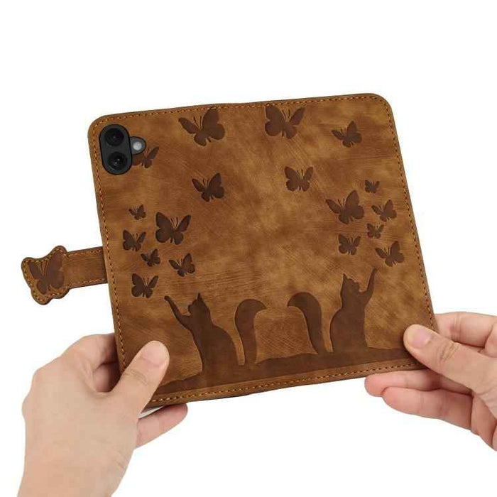 For iPhone 17 Butterfly Cat Embossing Flip Leather Phone Case(Brown)