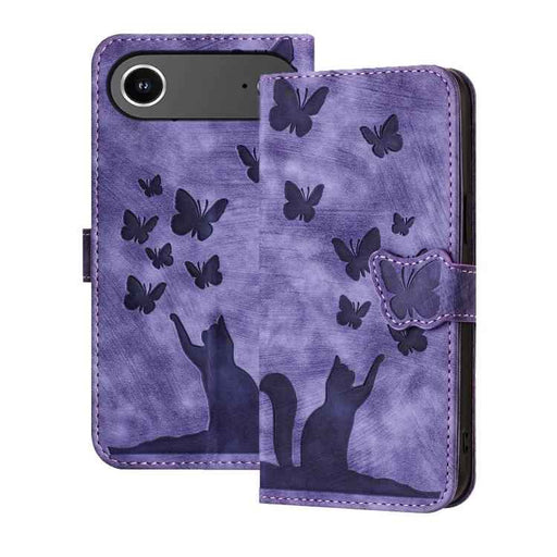 For iPhone 17 Air Butterfly Cat Embossing Flip Leather Phone Case(Purple)