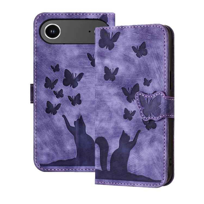 For iPhone 17 Air Butterfly Cat Embossing Flip Leather Phone Case(Purple)
