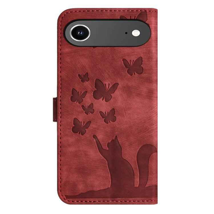 For iPhone 17 Air Butterfly Cat Embossing Flip Leather Phone Case(Red)