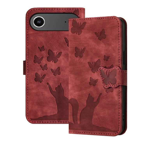 For iPhone 17 Air Butterfly Cat Embossing Flip Leather Phone Case(Red)