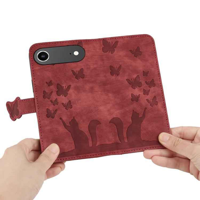 For iPhone 17 Air Butterfly Cat Embossing Flip Leather Phone Case(Red)