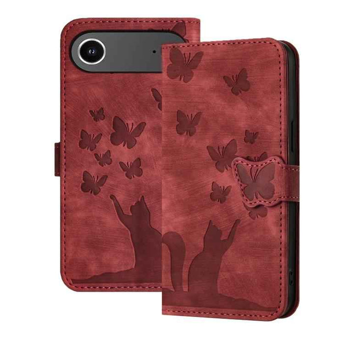 For iPhone 17 Air Butterfly Cat Embossing Flip Leather Phone Case(Red)