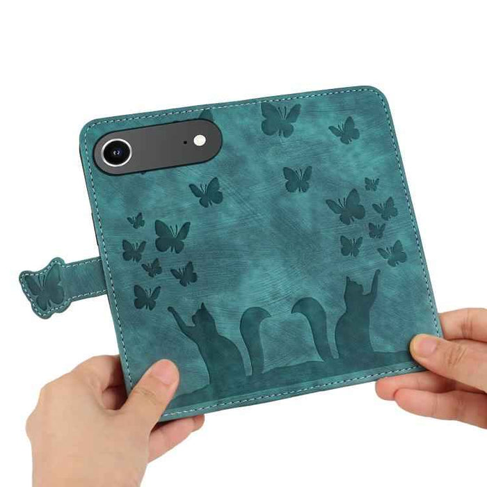 For iPhone 17 Air Butterfly Cat Embossing Flip Leather Phone Case(Wathet)