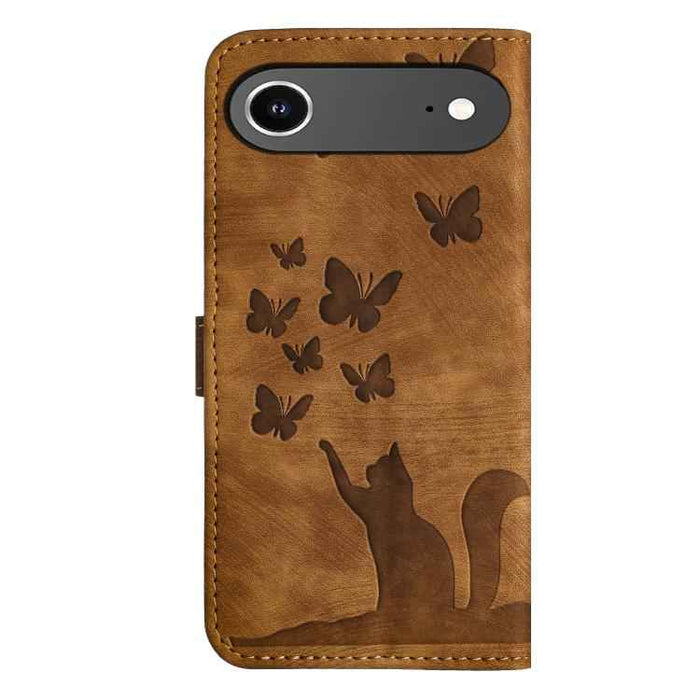 For iPhone 17 Air Butterfly Cat Embossing Flip Leather Phone Case(Brown)