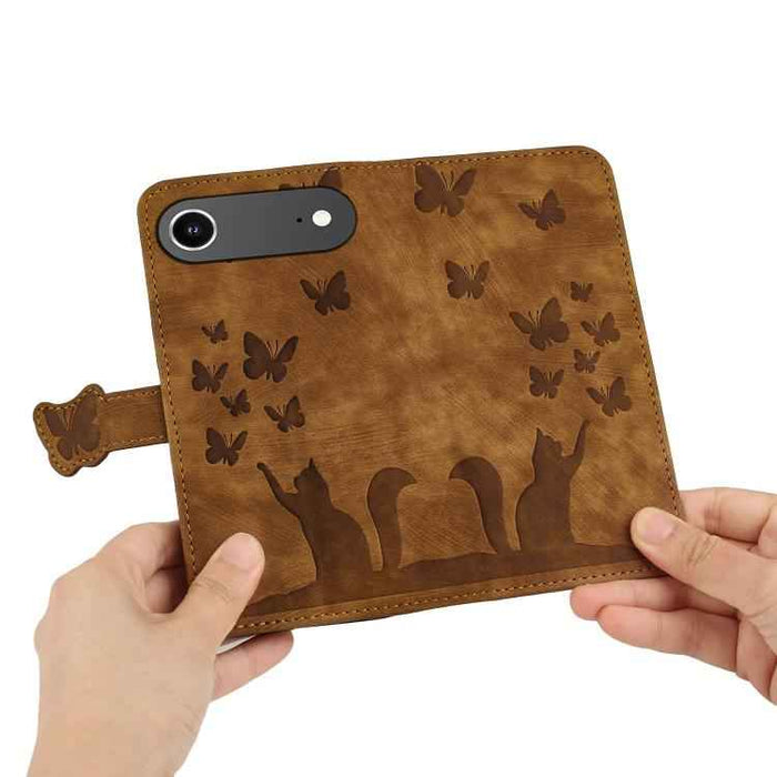 For iPhone 17 Air Butterfly Cat Embossing Flip Leather Phone Case(Brown)