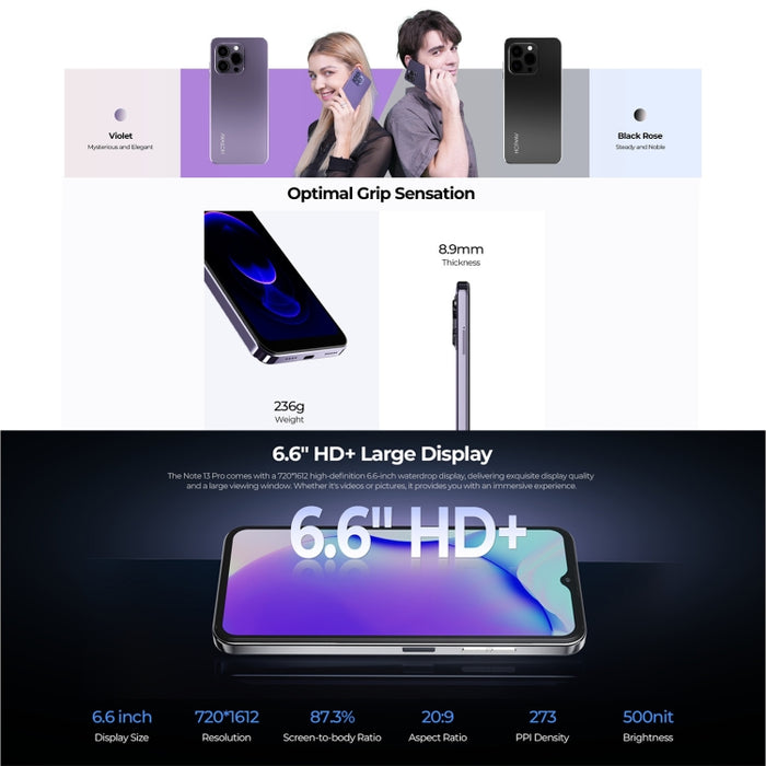 HOTWAV Note 13 Pro, Side Fingerprint Identification, 6.6 inch Android 13 UMS9230 T606 Octa Core up to 1.6GHz, Network: 4G, OTG