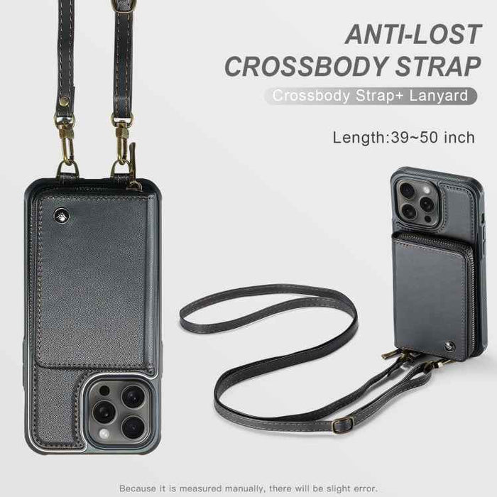 For iPhone 15 Pro Max JEEHOOD C22 Series Zipper Wallet Leather Phone Case with Dual Lanyard(Black)