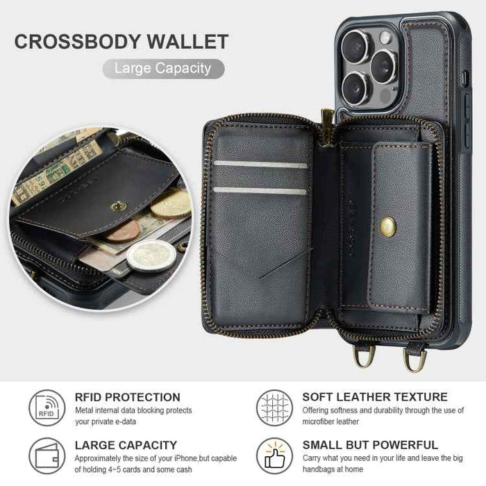 For iPhone 15 Pro Max JEEHOOD C22 Series Zipper Wallet Leather Phone Case with Dual Lanyard(Black)