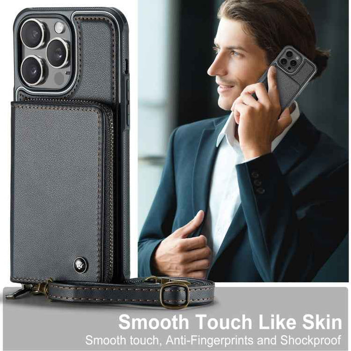 For iPhone 15 Pro Max JEEHOOD C22 Series Zipper Wallet Leather Phone Case with Dual Lanyard(Black)