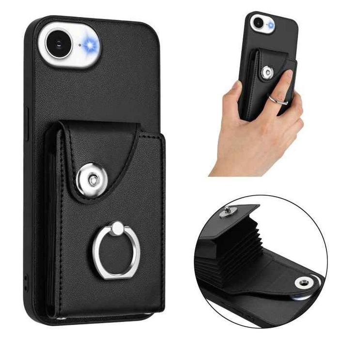 For iPhone 16e Organ Card Bag Ring Holder Phone Case(Black)