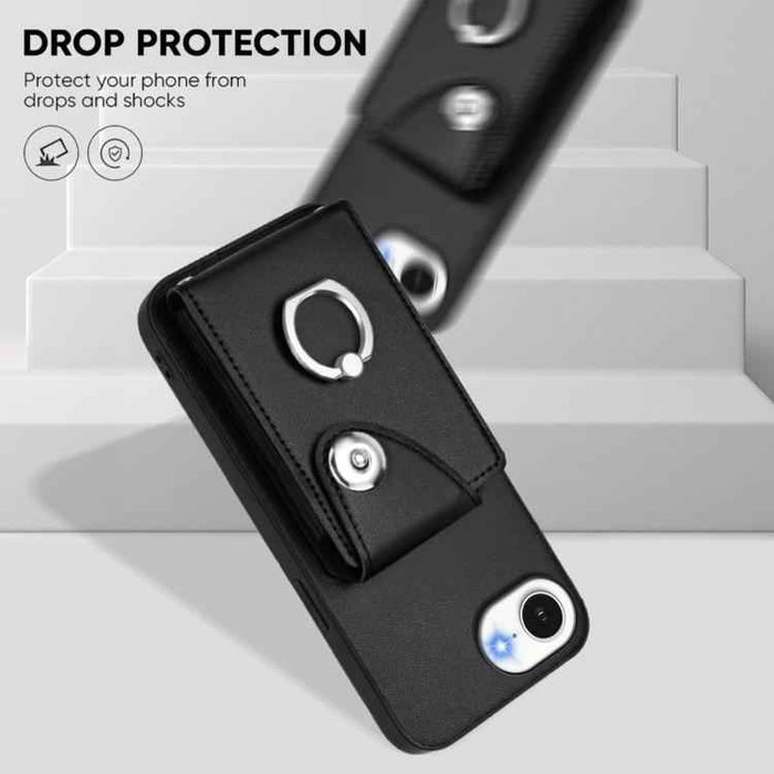 For iPhone 16e Organ Card Bag Ring Holder Phone Case(Black)