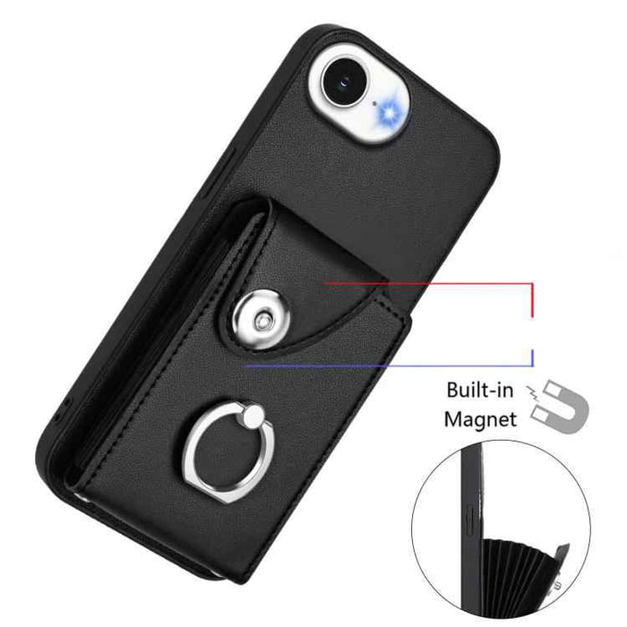 For iPhone 16e Organ Card Bag Ring Holder Phone Case(Black)