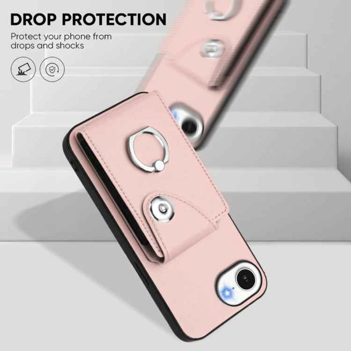 For iPhone 16e Organ Card Bag Ring Holder Phone Case(Pink)