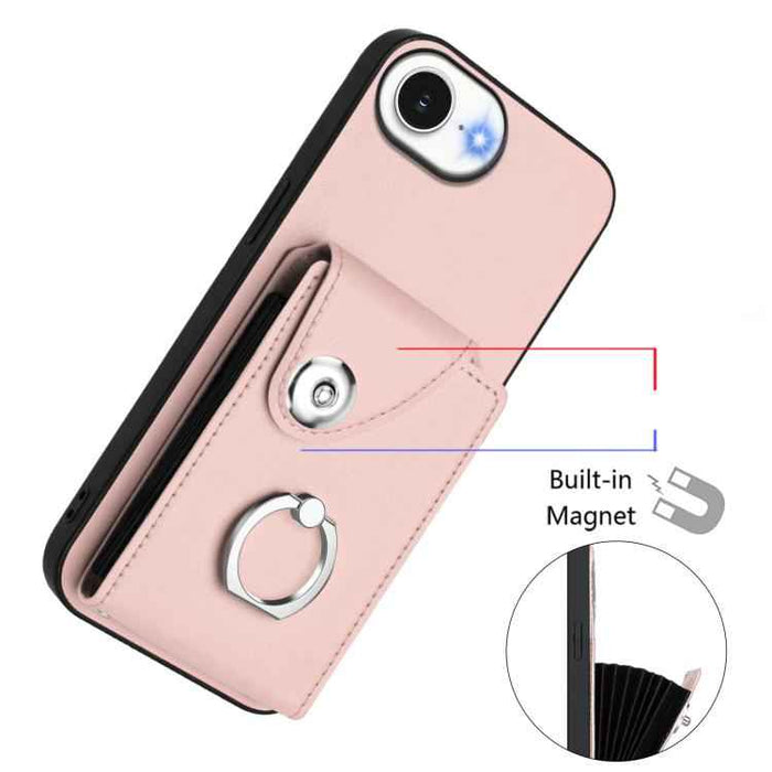 For iPhone 16e Organ Card Bag Ring Holder Phone Case(Pink)