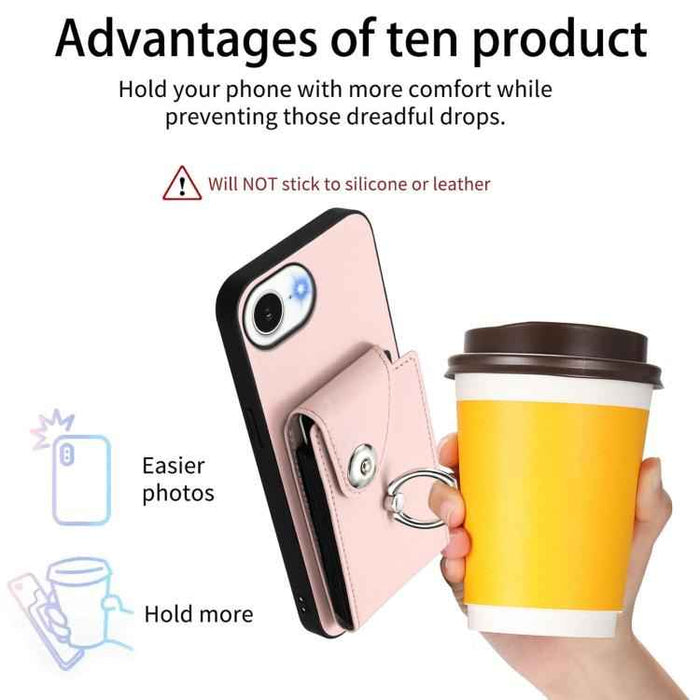 For iPhone 16e Organ Card Bag Ring Holder Phone Case(Pink)