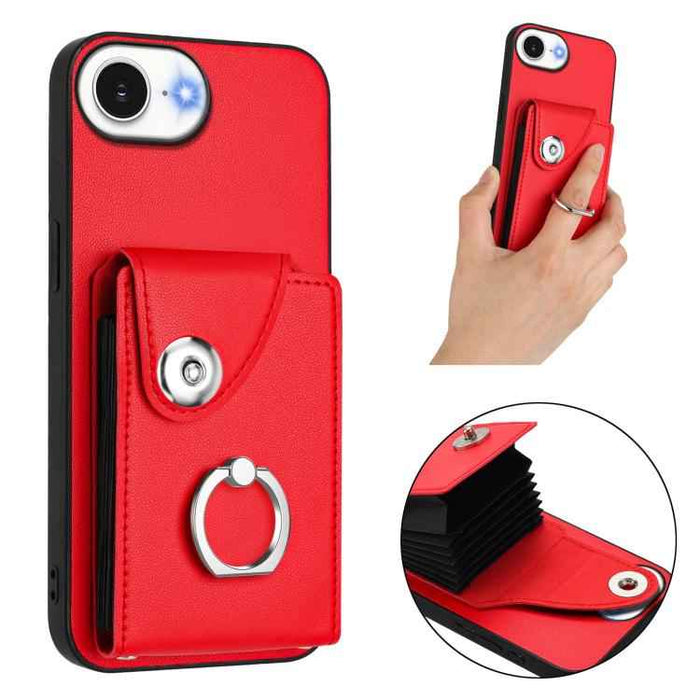 For iPhone 16e Organ Card Bag Ring Holder Phone Case(Red)