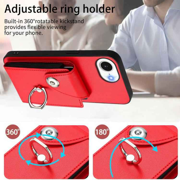 For iPhone 16e Organ Card Bag Ring Holder Phone Case(Red)