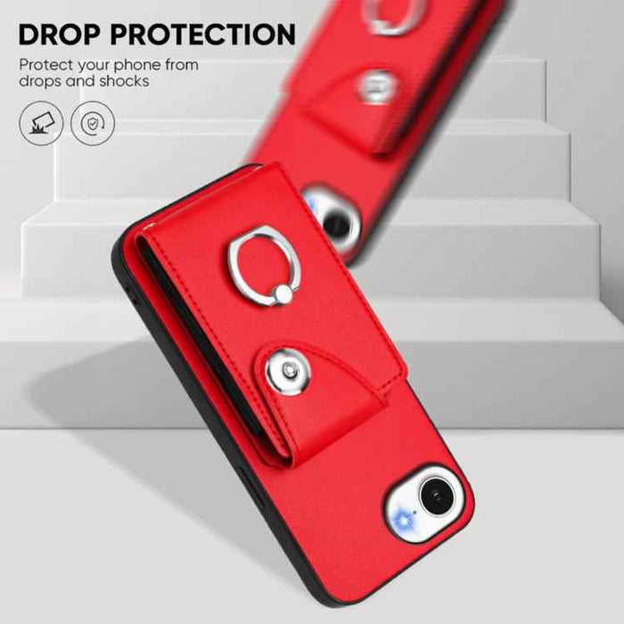 For iPhone 16e Organ Card Bag Ring Holder Phone Case(Red)