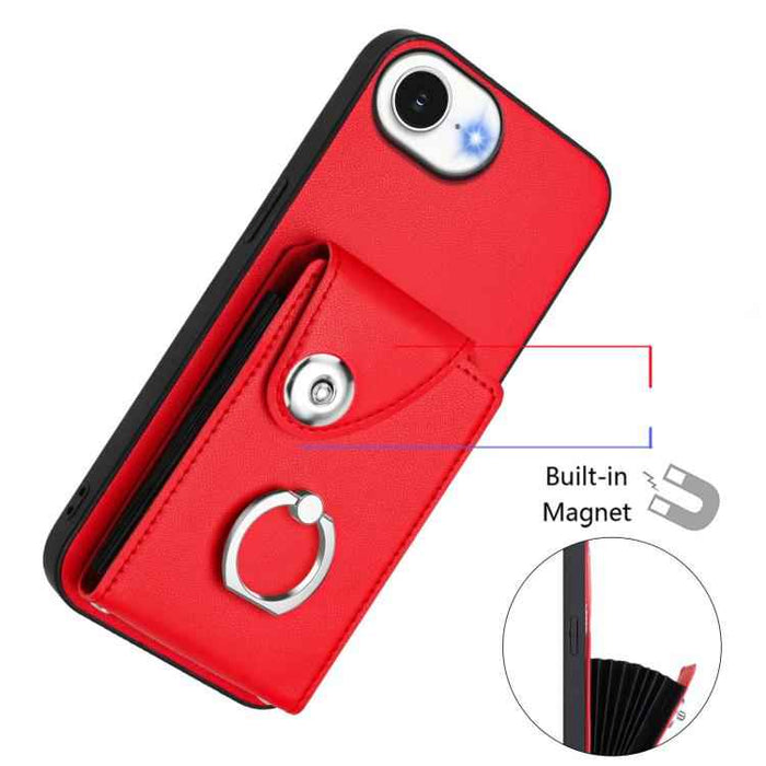 For iPhone 16e Organ Card Bag Ring Holder Phone Case(Red)