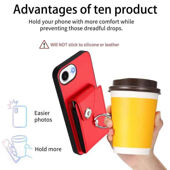 For iPhone 16e Organ Card Bag Ring Holder Phone Case(Red)