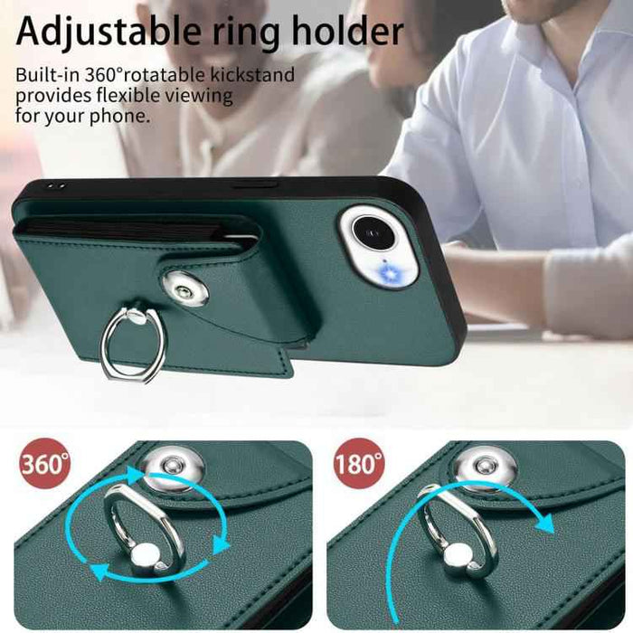 For iPhone 16e Organ Card Bag Ring Holder Phone Case(Green)