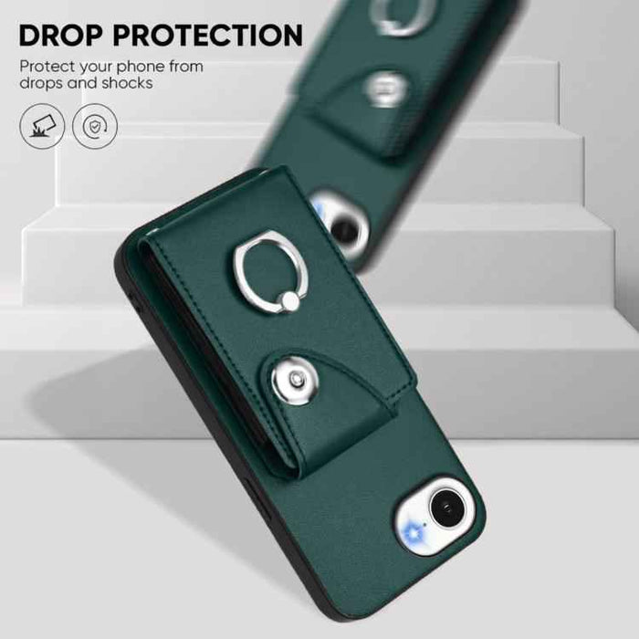 For iPhone 16e Organ Card Bag Ring Holder Phone Case(Green)