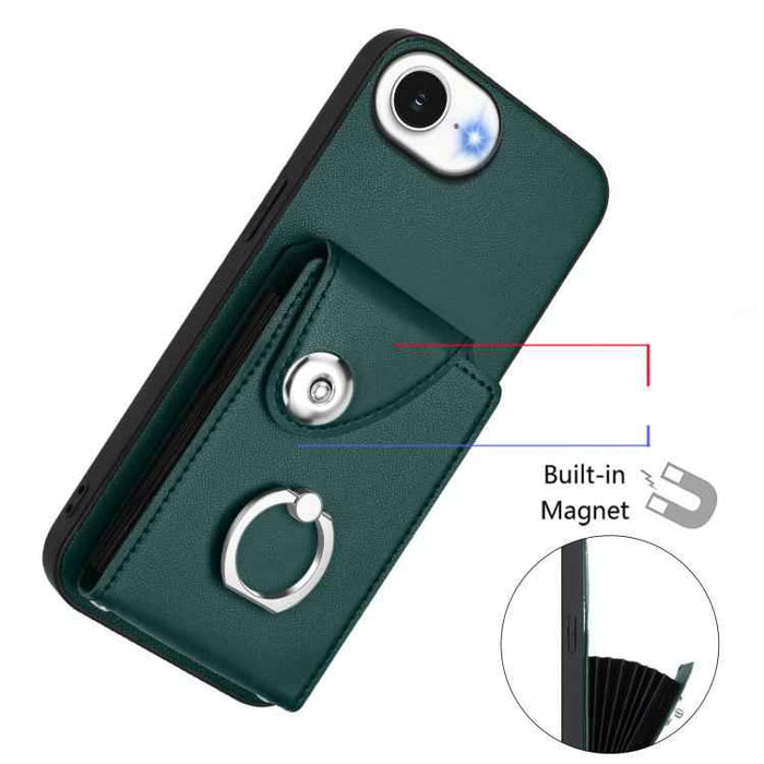For iPhone 16e Organ Card Bag Ring Holder Phone Case(Green)