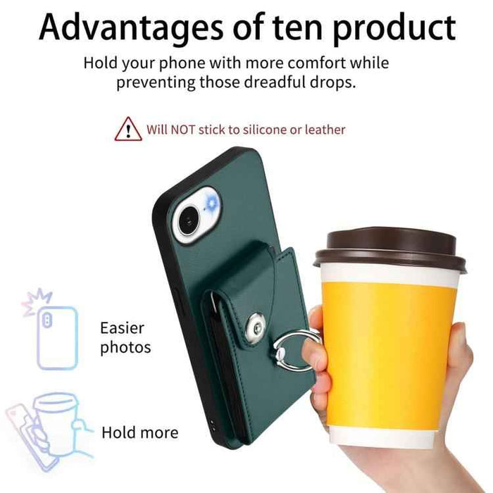 For iPhone 16e Organ Card Bag Ring Holder Phone Case(Green)
