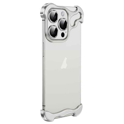 For iPhone 15 Pro Max Frameless Metal Corner Pad Phone Case with Lens Film(White)