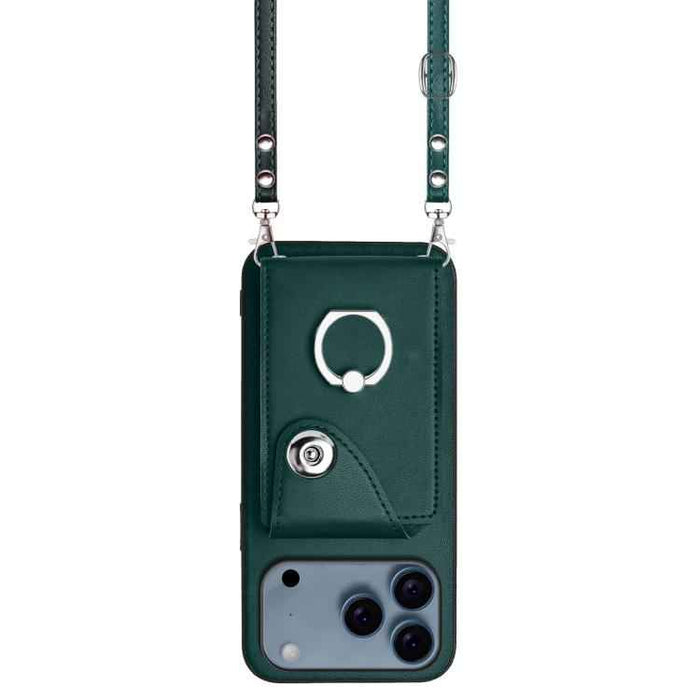 For iPhone 17 Pro Max Organ Card Bag Ring Holder Phone Case with Long Lanyard(Green)