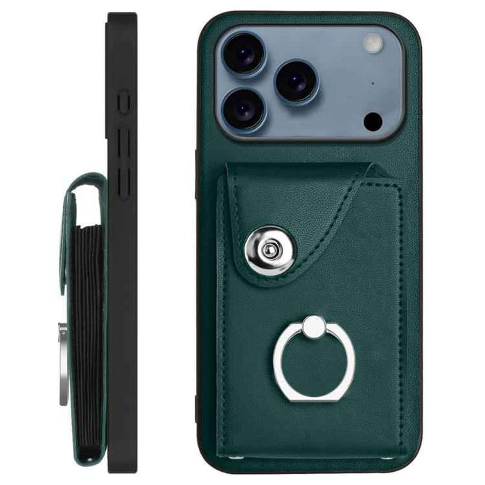 For iPhone 17 Pro Max Organ Card Bag Ring Holder Phone Case with Long Lanyard(Green)
