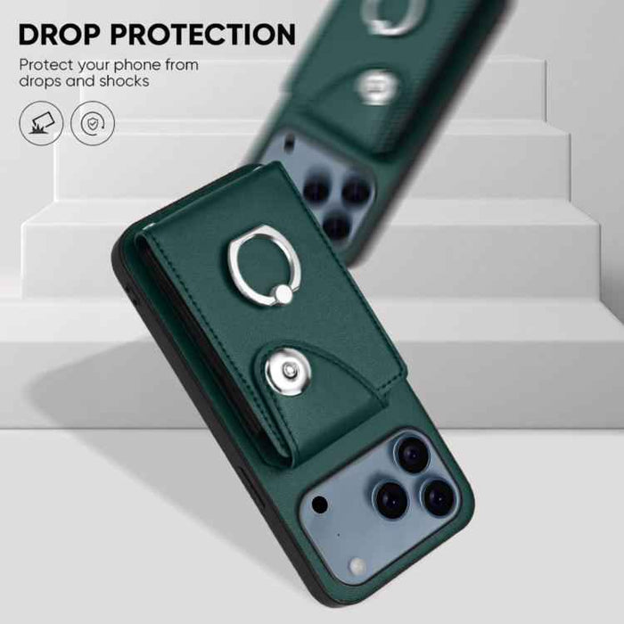 For iPhone 17 Pro Max Organ Card Bag Ring Holder Phone Case with Long Lanyard(Green)