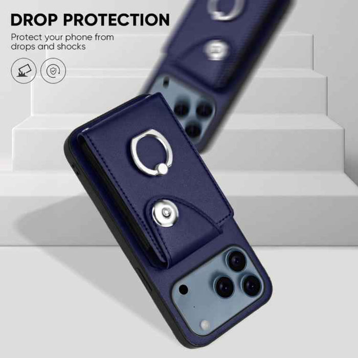 For iPhone 17 Pro Max Organ Card Bag Ring Holder Phone Case with Long Lanyard(Blue)